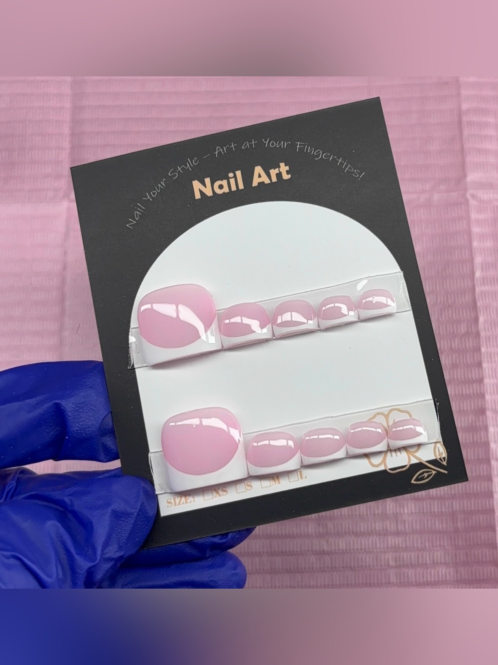 press on toenails pink base white French tips handmade custom builder gel